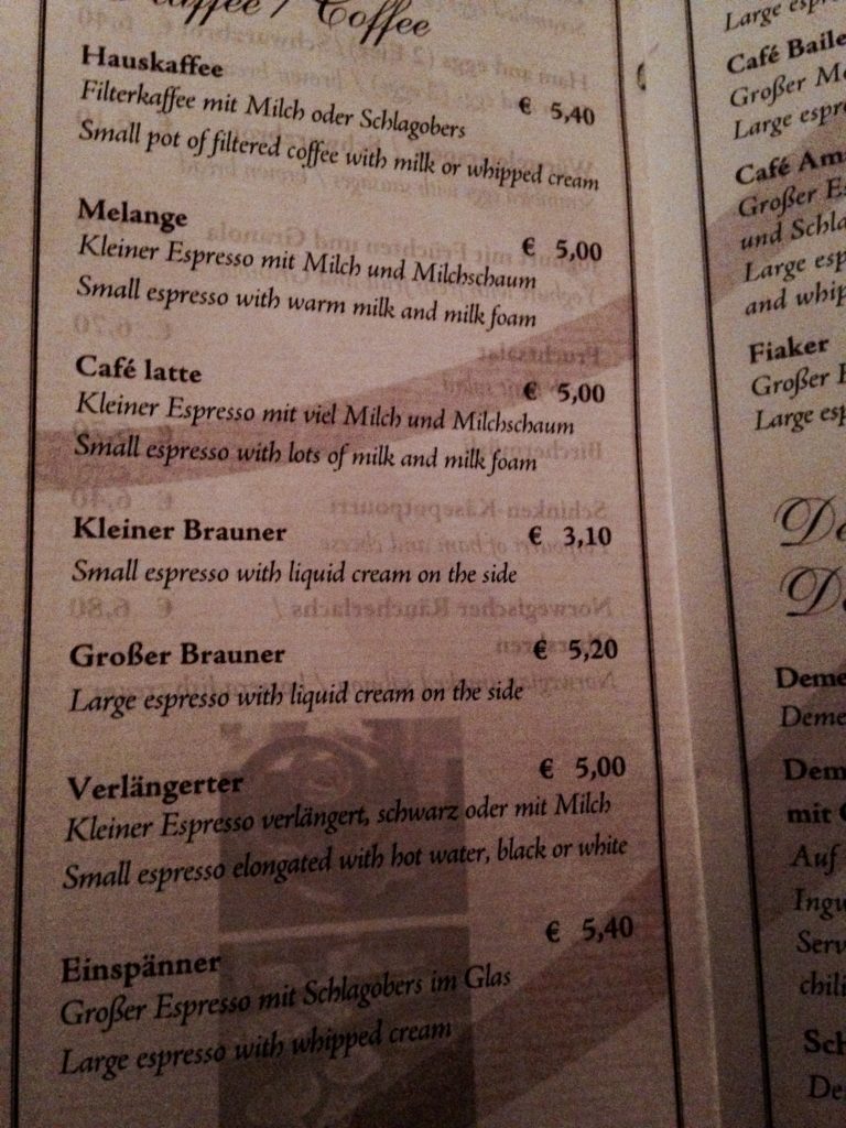 Kaffee-Karte im Demel